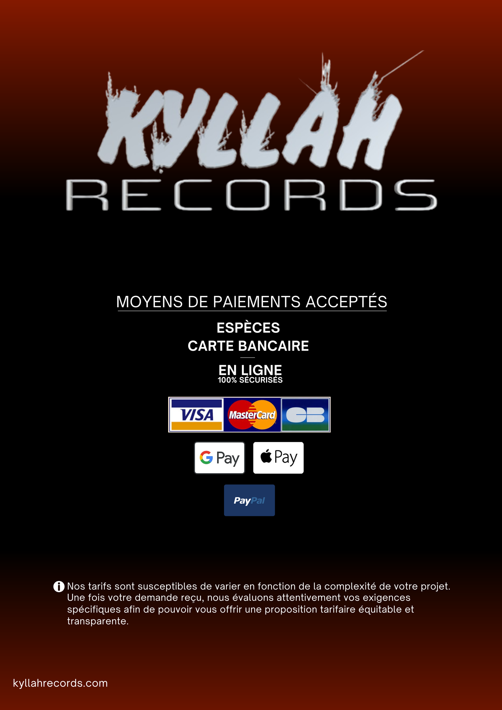 TARIFS - Kyllah Records - Moyens de paiement